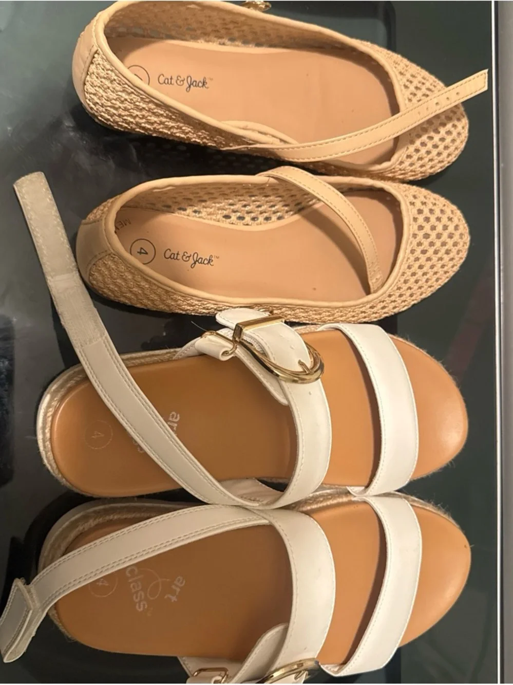 White Leather Buckle Sandals  and brown flats